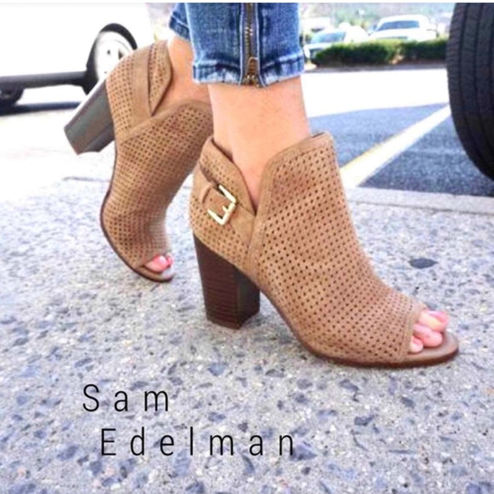 Sam Edelman Easton Perforated Open-toe Suede Camel Bootie size 7.5